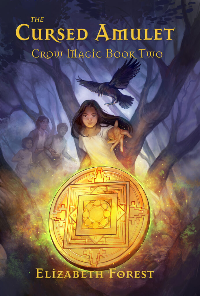 cover of girl, crow, amulet for book cover of the cursed amulet
