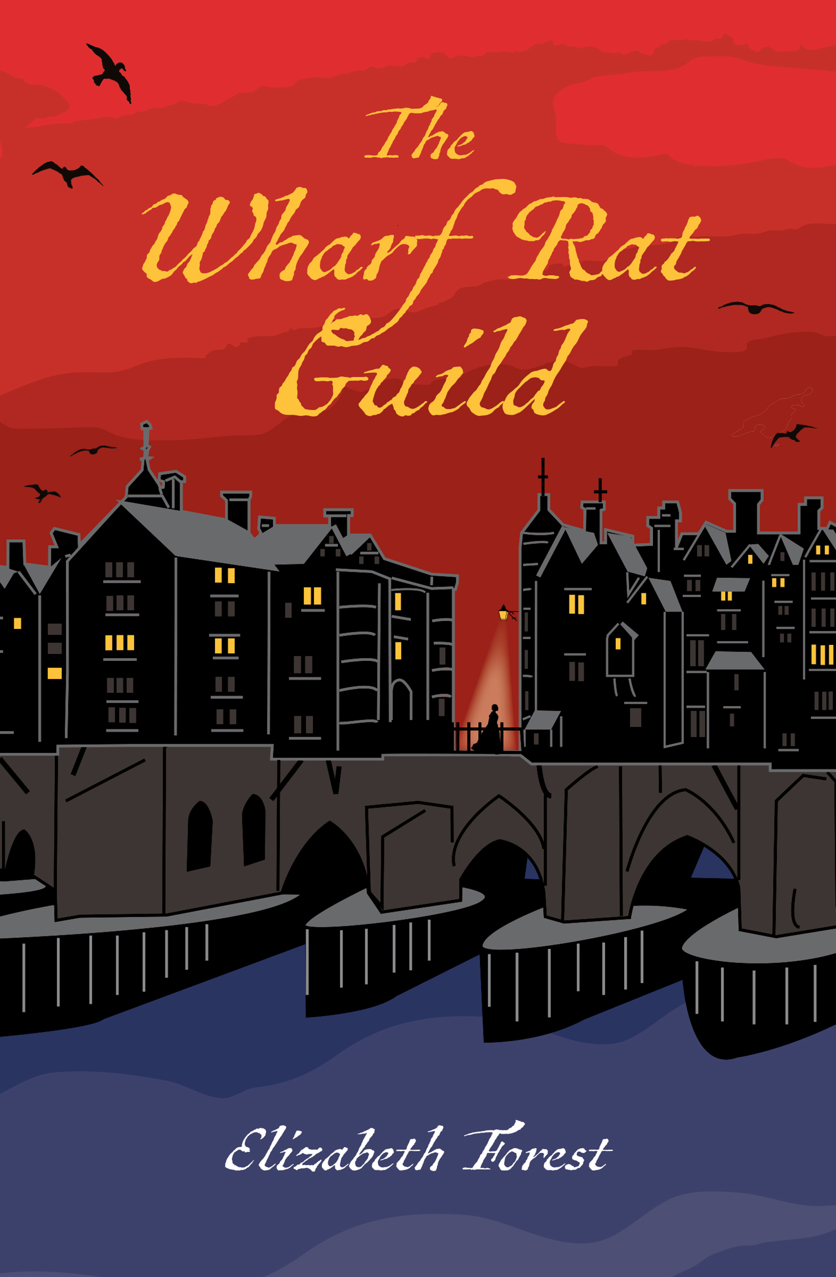 woman crossing London Bridge at night, title The Wharf Rat Guild